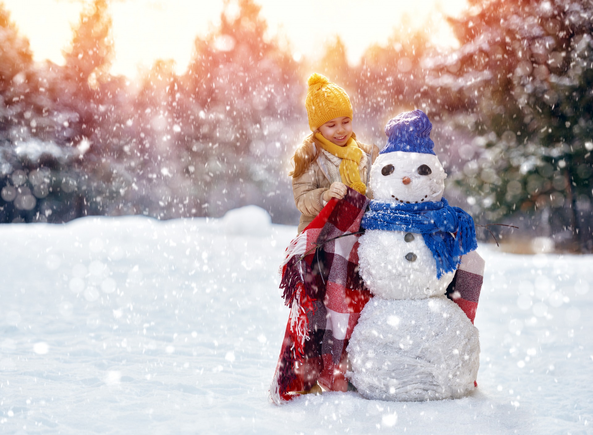 winter-girl-snowman-zima